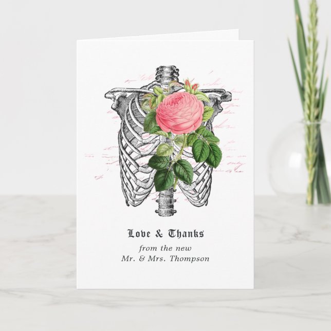 Whimsical Floral Skeleton Gothic Wedding Thank You Card (Front)