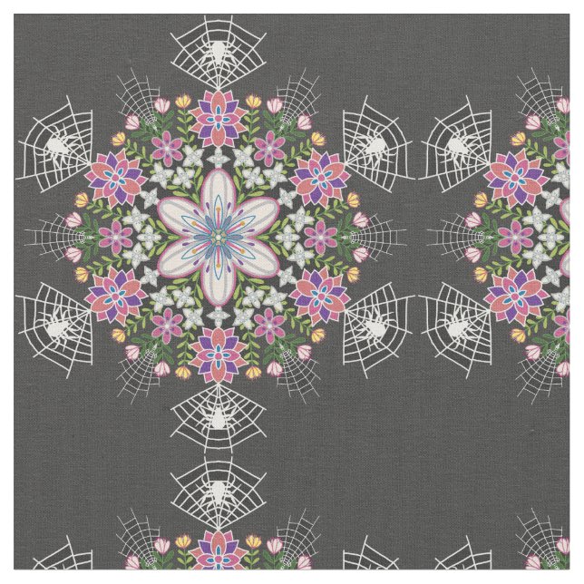 Whimsical floral Spiders mandala fabric (Close Up)