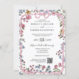 Whimsical floral spring modern Wedding QR Code Invitation