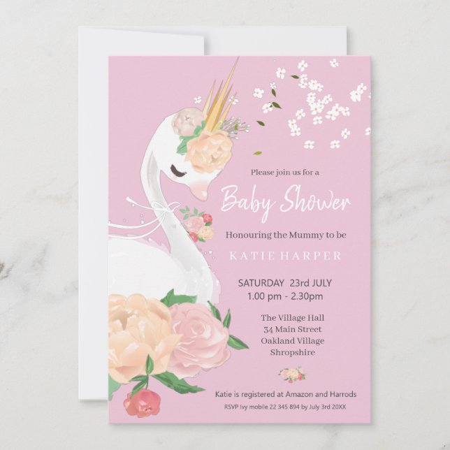 Whimsical Floral Swan Baby Shower  Invitation (Front)