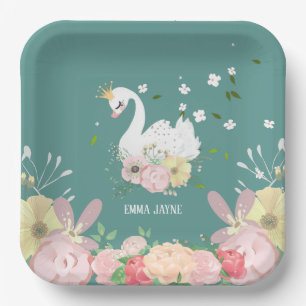 Whimsical Floral Swan Birthday Paper Plate