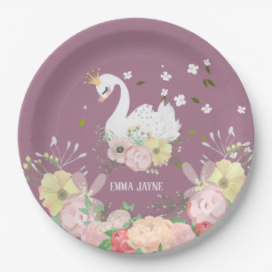 Whimsical Floral Swan Birthday Paper Plates