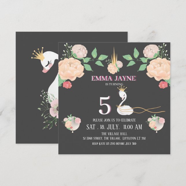 Whimsical Floral Swan Girls Birthday  Invitation (Front/Back)