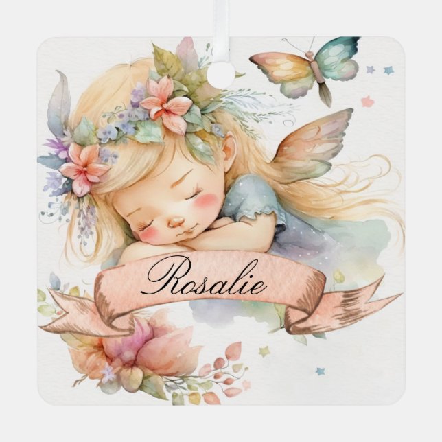 Whimsical Floral Sweet Dreams Sleeping Fairy Girl Metal Tree Decoration (Front)
