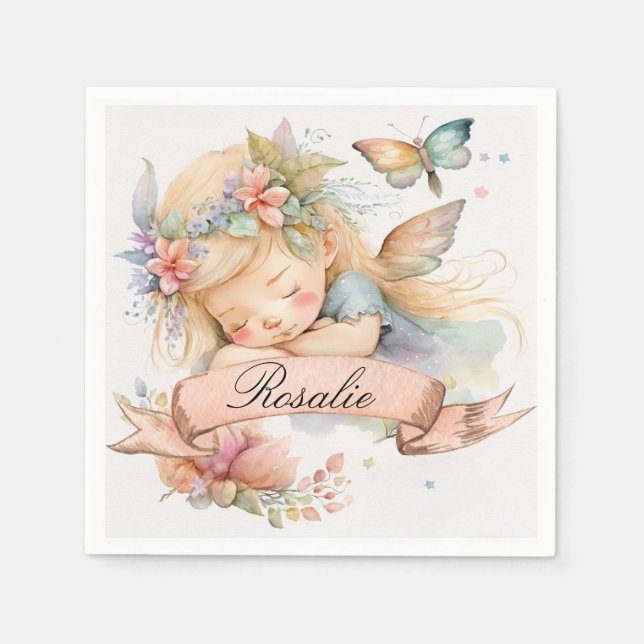 Whimsical Floral Sweet Dreams Sleeping Fairy Girl Napkin (Front)