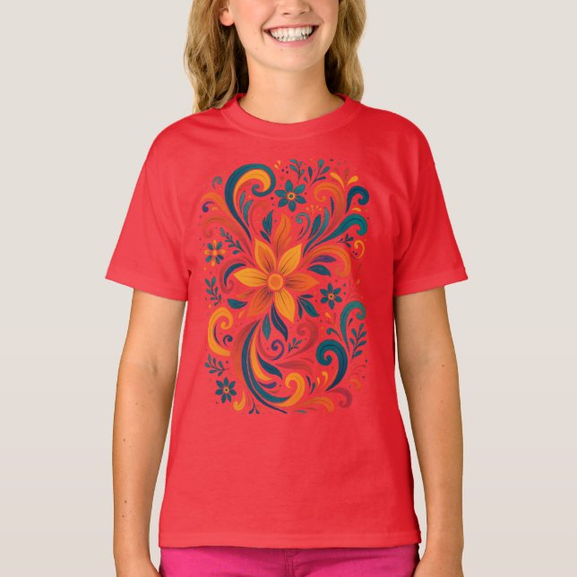 Whimsical Floral Swirl Kids T-Shirt (Front)