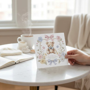 Whimsical Floral Teddy Bear Baby Shower QR code  Invitation