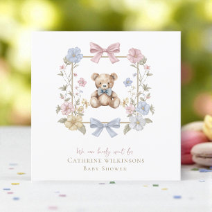 Whimsical Floral Teddy Bear Baby Shower QR code Invitation