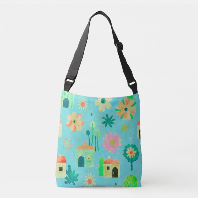 Whimsical Floral Village Pattern Crossbody Bag (Front)