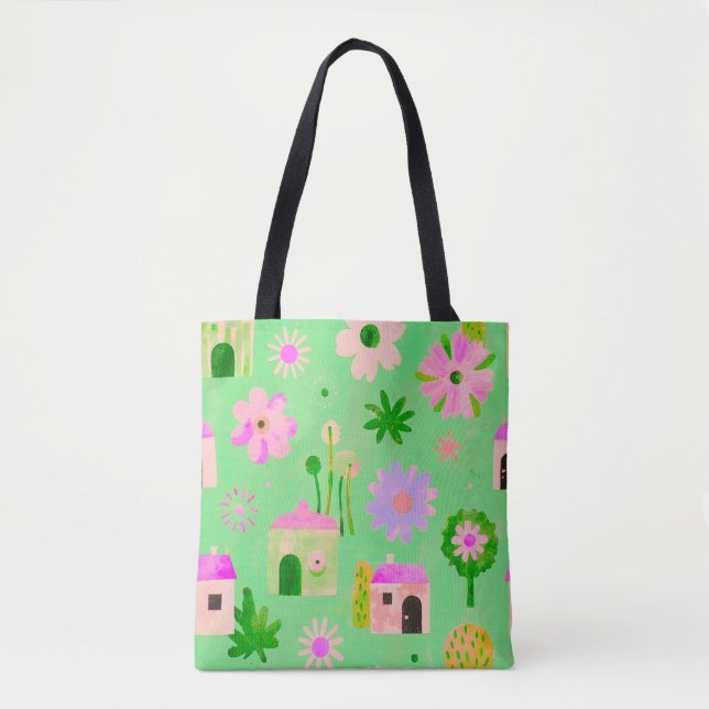 Whimsical Floral Village Pattern Tote Bag (Front)