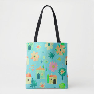 Whimsical Floral Village Pattern Tote Bag