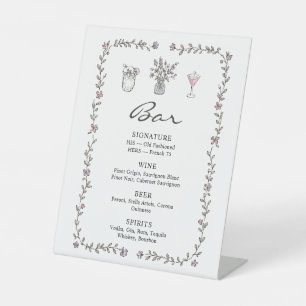 Whimsical Floral Wedding Bar Menu Pedestal Sign