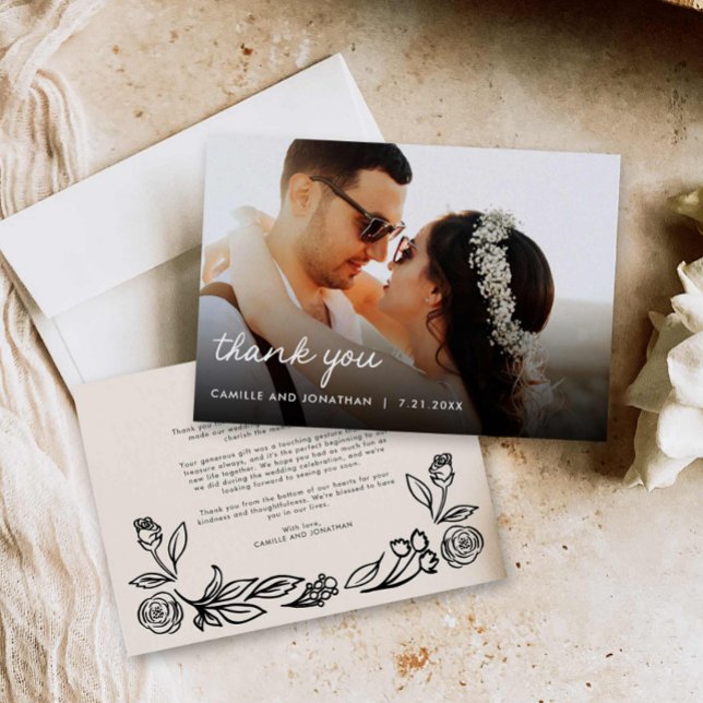 Whimsical Floral Wedding Photo Thank You Card (Hand Drawn Floral Photo Wedding thank you card)