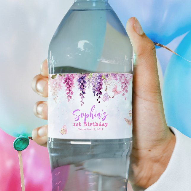Whimsical Floral Wisteria Butterly Kids Birthday Water Bottle Label (Creator Uploaded)