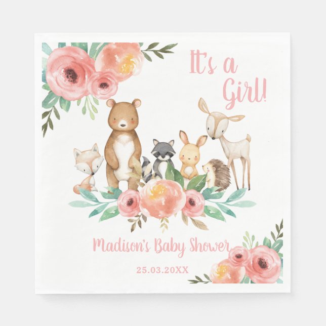 Whimsical Floral Woodland Animals Baby Shower Napkin (Front)