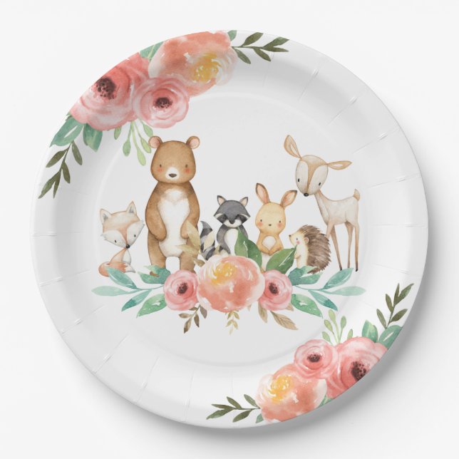 Whimsical Floral Woodland Animals Birthday Baby  Paper Plate (Front)