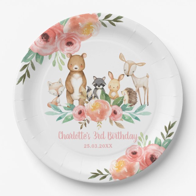 Whimsical Floral Woodland Animals Birthday Girl Paper Plate (Front)