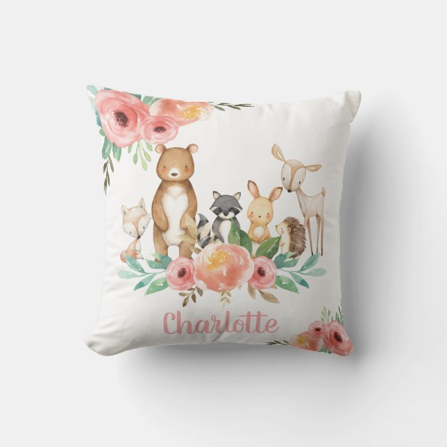 Whimsical Floral Woodland Animals Girl Nursery Cushion (Front)