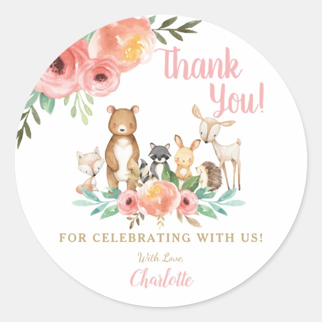 Whimsical Floral Woodland Animals Thank You Favour Classic Round Sticker (Front)