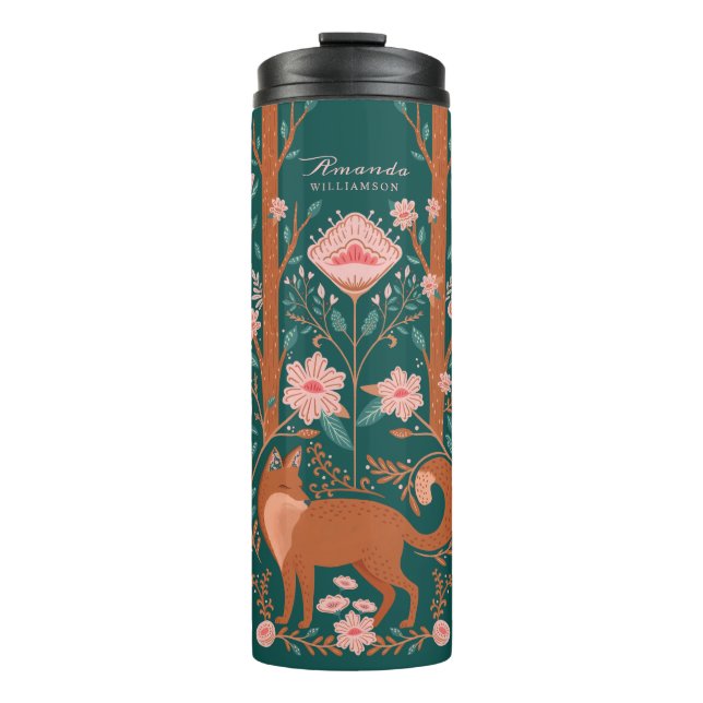 Whimsical Floral Woodland Fox Folk Art Style Green Thermal Tumbler (Front)