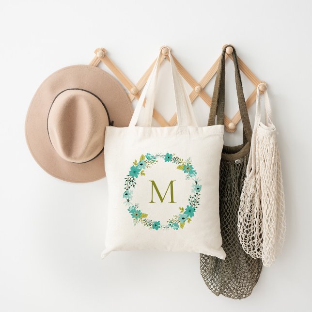 Whimsical Floral Wreath Monogram Tote Bag (Creator Uploaded)