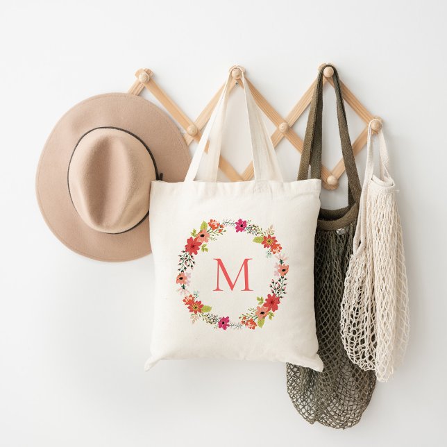 Whimsical Floral Wreath Monogram Tote Bag (Creator Uploaded)