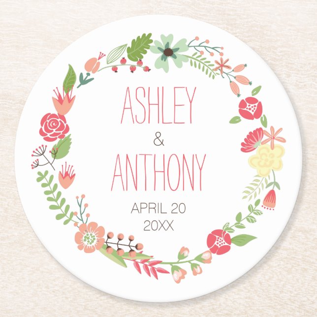 Whimsical Floral Wreath Personalised Wedding Round Paper Coaster (Front)