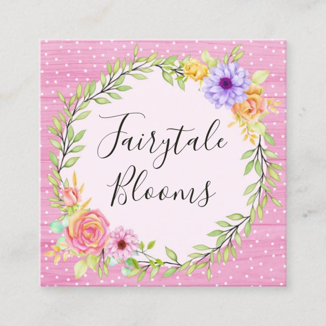 Whimsical Floral Wreath & Rustic Wood Social Media Square Business Card (Front)