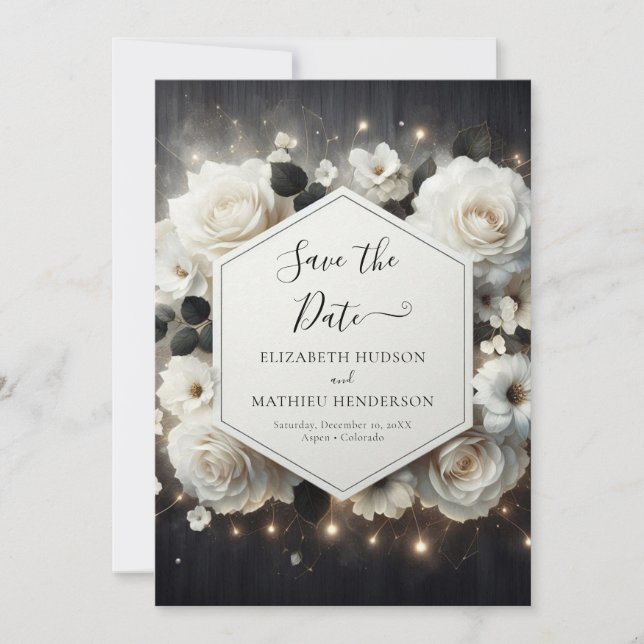 Whimsical Florals White Roses Wedding Save The Date (Front)