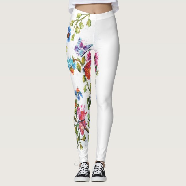 WHIMSICAL FLORALS WITH A YELLOW BIRD LEGGINGS (Front)