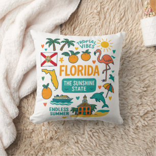 Whimsical Florida Retro Travel Icons Cushion