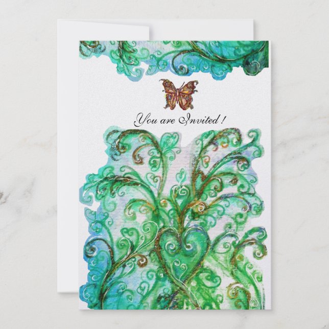 WHIMSICAL FLOURISHES bright blue green White Pearl Invitation (Front)
