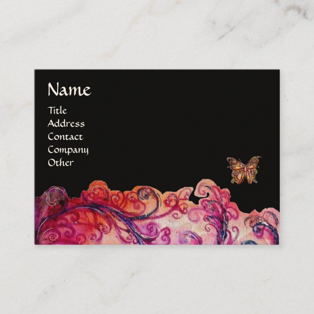 WHIMSICAL FLOURISHES bright red ,pink purple black Business Card (Front)
