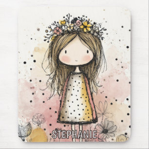 Whimsical Flower Crown Girl in Blush Pink Mouse Pad