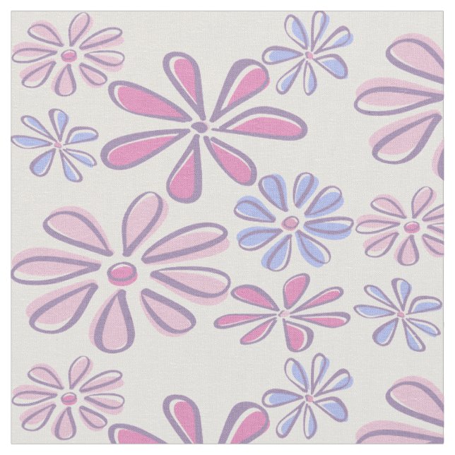 Whimsical Flower Doodle Pattern Soft Purple Pink  Fabric (Close Up)