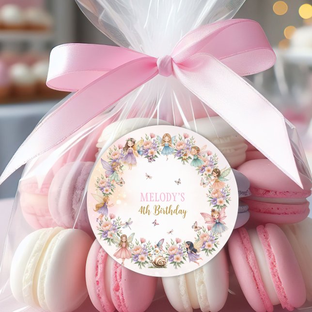 Whimsical flower fairy garden 4th birthday  classic round sticker (Creator Uploaded)