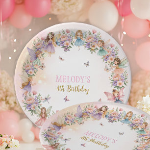 Whimsical flower fairy garden 4th birthday paper plate