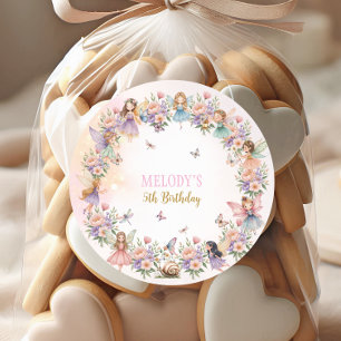 Whimsical flower fairy garden 5th birthday  classic round sticker