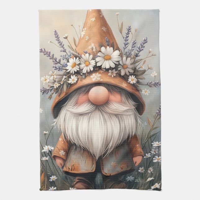 Whimsical Flower Gnome: Adorable Watercolor Art Tea Towel (Vertical)