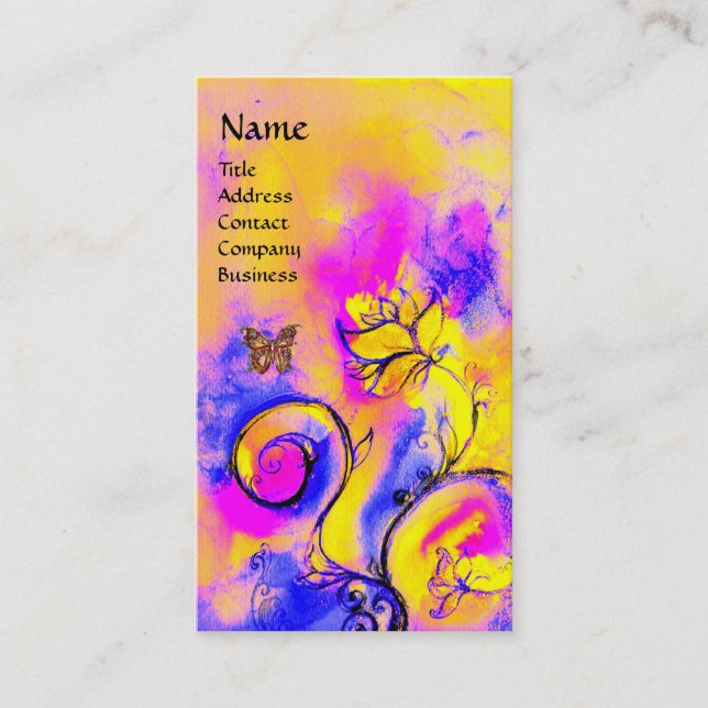 WHIMSICAL FLOWER,GOLD BUTTERFLY Yellow Pink Floral Business Card (Front)