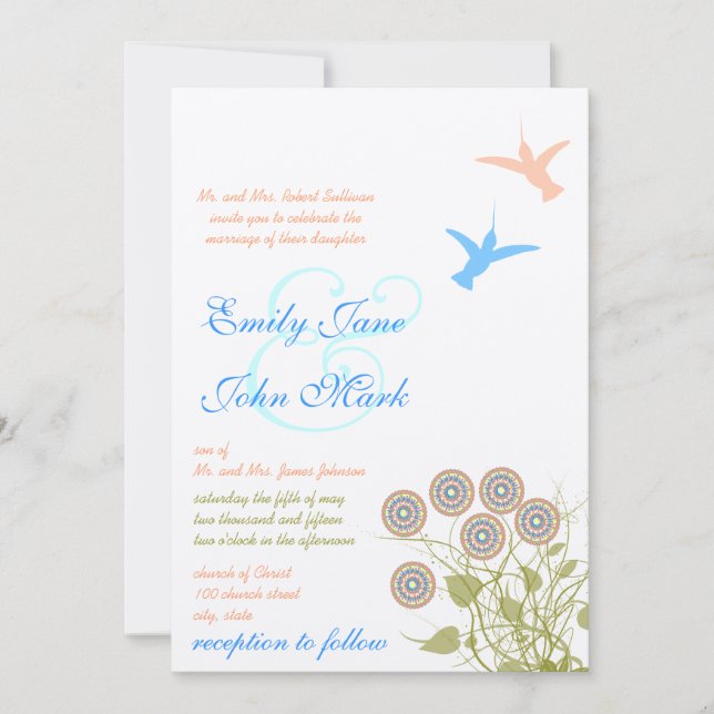 Whimsical Flower & Humming Bird Wedding Invitation (Front)