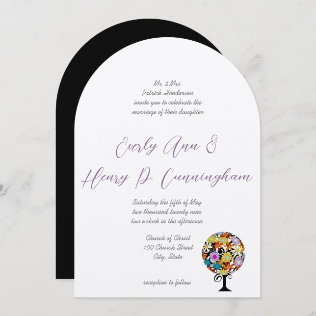 Whimsical Flower Love Tree Wedding Invitation (Front/Back)