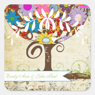 Whimsical Flower Tree Wedding Square Sticker
