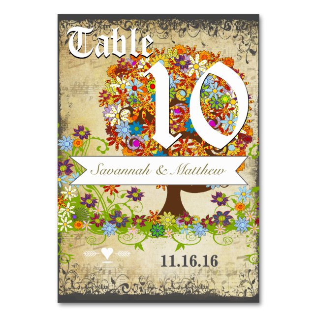 Whimsical Flower Tree Wedding Table Number (Front)