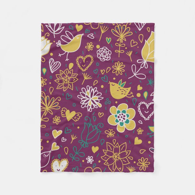 Whimsical Flowers and Birds Fleece Blanket (Front)