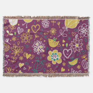 Whimsical Flowers and Birds Throw Blanket