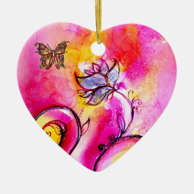 WHIMSICAL FLOWERS  AND BUTTERFLIES HEART CERAMIC TREE DECORATION (Front)
