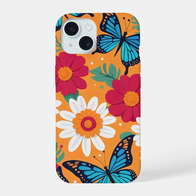 Whimsical flowers and butterflies iPhone 15 case (Back)