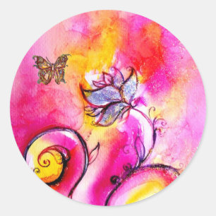 WHIMSICAL FLOWERS AND GOLD  BUTTERFLY CLASSIC ROUND STICKER