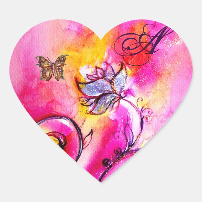 WHIMSICAL FLOWERS AND GOLD  BUTTERFLY MONOGRAM HEART STICKER (Front)